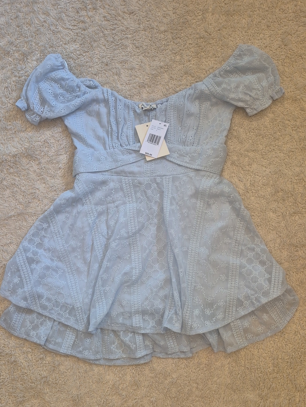 nwt ALLISON + KELLY eyelet Dress S Tiered babydoll Off Shoulder Tradwife Mini